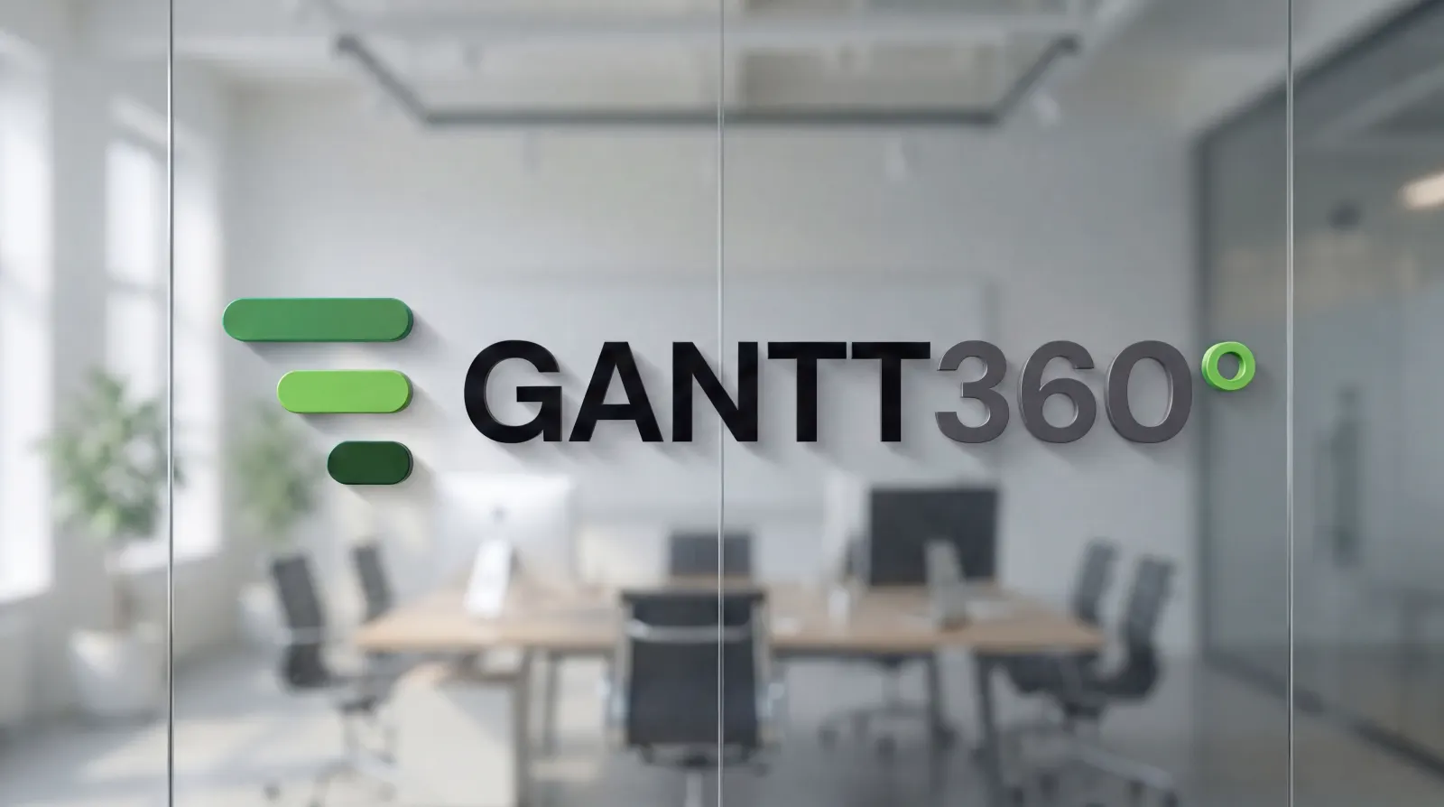 GANTT360° logo on a glass wall